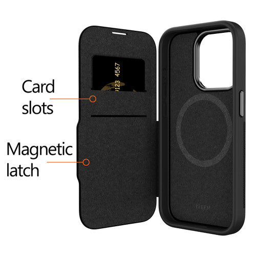 FM Monaco D3O Leather Wallet Case Armour iPhone 15 Pro Max - Black/Space Grey