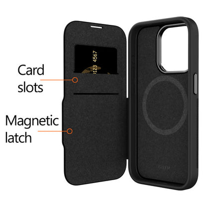 FM Monaco D3O Leather Wallet Case Armour iPhone 15 Pro Max - Black/Space Grey
